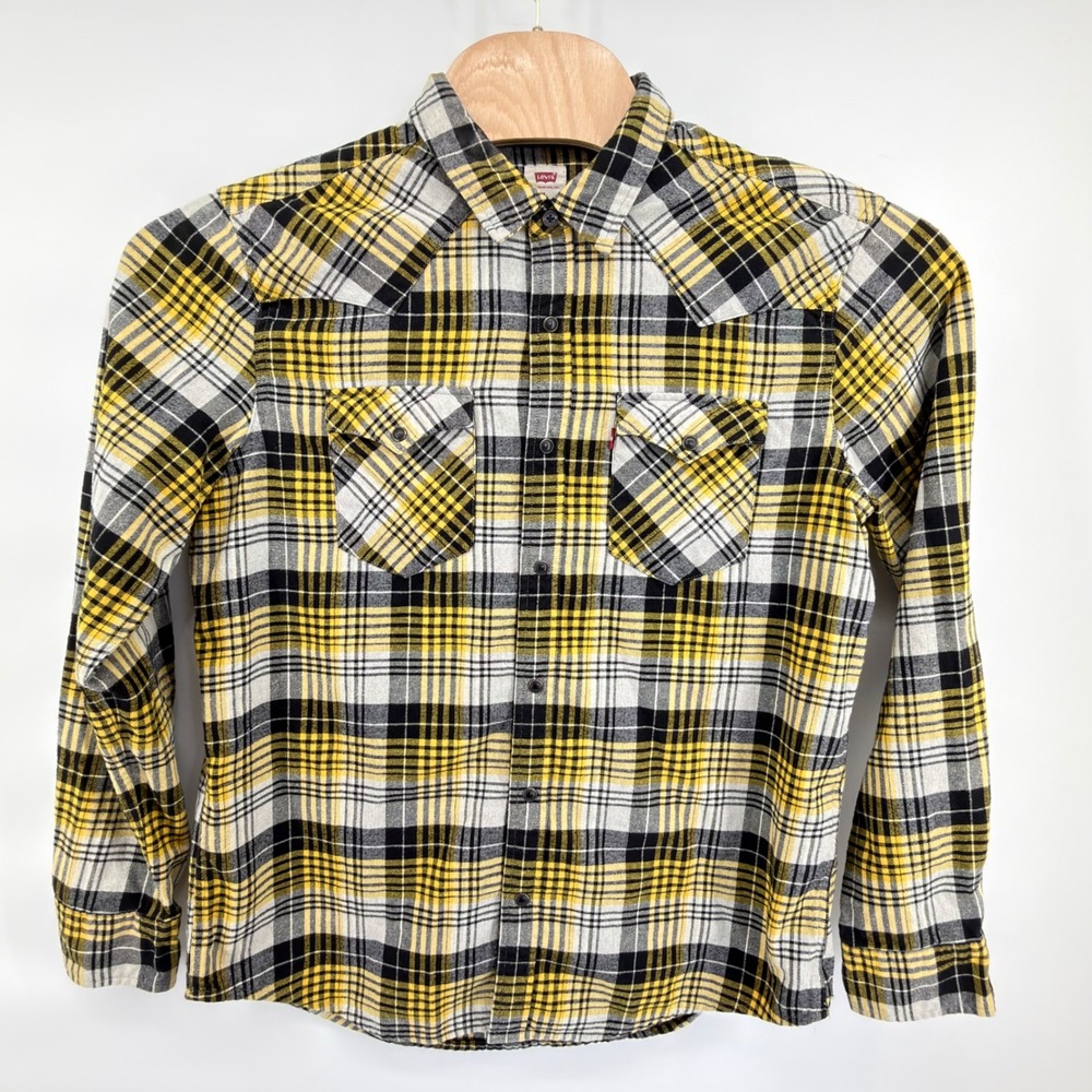 Levis Western Flannel Shirt Mens Large Yellow Black Plaid Snap 85745-0026